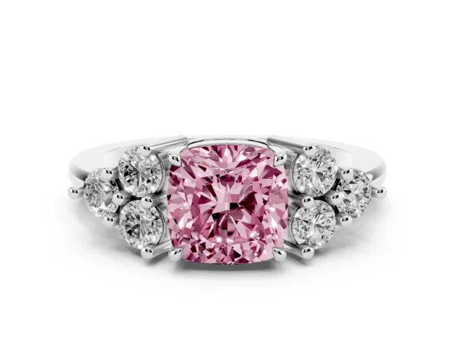 Fancy Pink Cushion Cut Diamond Solitaire Ring Set in White gold with Cluster Accents on Each Side
