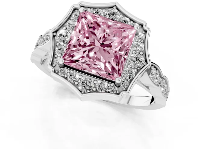 Fancy Pink Princess Cut Diamond Halo Engagement Ring Set in Platinum with Milgrain Band and Prong Setting – second view