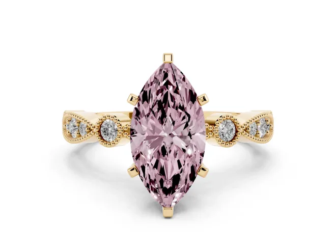 Fancy Pink Marquise Cut Diamond Solitaire Engagement Ring Set in Yellow gold with Milgrain Bezel Accent Band