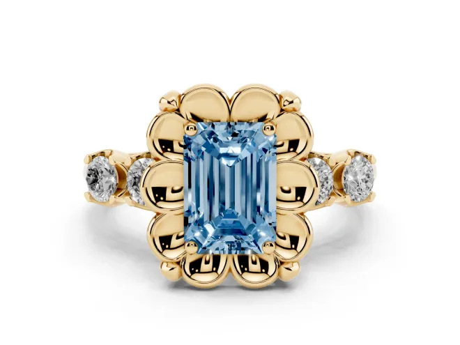 Fancy Blue Emerald Cut Diamond Floral Halo Ring Set in Yellow gold with Shared Prong Band