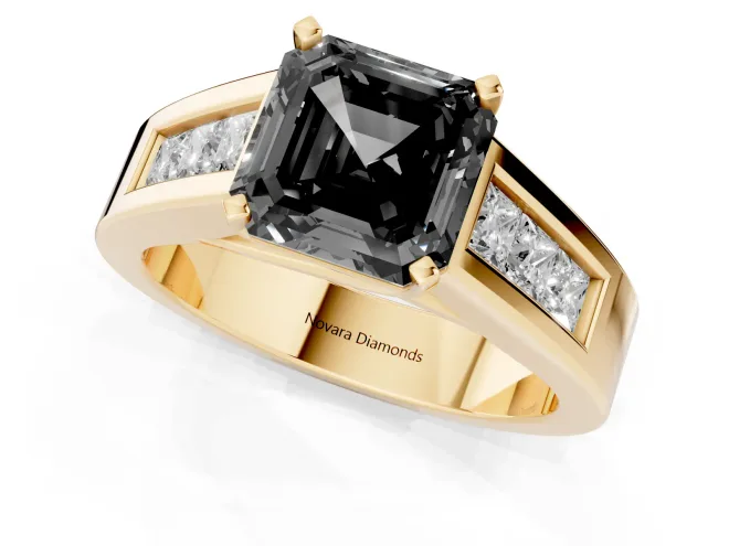 Fancy Black Asscher Cut Diamond Solitaire Ring Set in Yellow gold with Channel-Set Accent Stones and Prong Setting – second view