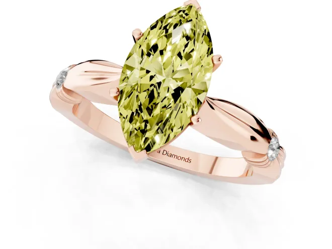 Fancy Yellow Marquise Cut Diamond Solitaire Twisted Band Ring Set in Rose gold with Accent Stones and Prong Setting – second view