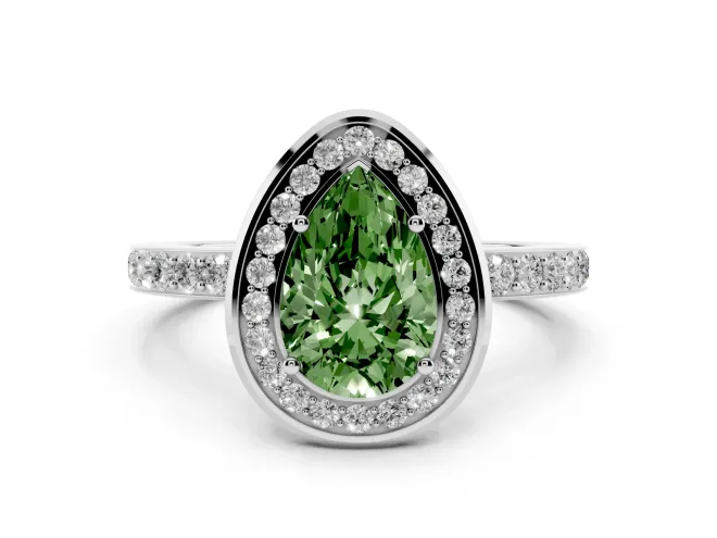 Fancy Green Pear Cut Diamond Halo Ring Set in White gold with Bezel Frame and Pavé Band