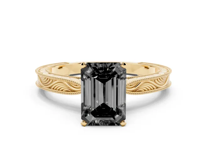 Emerald Cut Engraved Solitaire Engagement Ring Setting for a Black Center | Yellow Gold