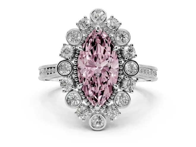 Marquise Scalloped Halo Engagement Ring Setting for a Fancy Pink Lab-Grown Diamond | Milgrain Edges | Sterling Silver