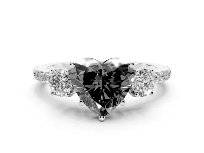 Fancy Black Heart Cut Diamond Three-Stone Ring Set in White gold with Pavé Band and Graduated Sides