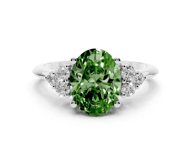 Fancy Green Oval Cut Diamond Cluster Ring Set in Platinum with Plain Band and Prong Setting