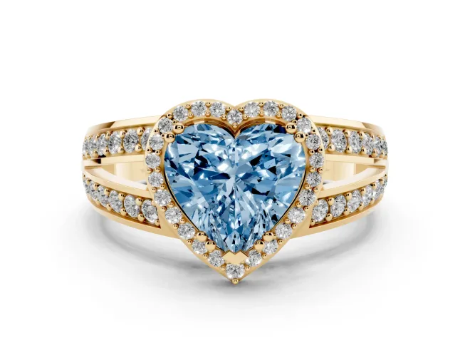 Fancy Blue Heart Cut Diamond Halo Ring Set in Yellow gold with Double Pavé Split Shank