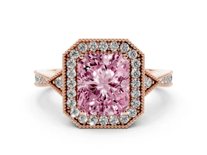 Radiant Cut Milgrain Halo Engagement Ring Setting for a Fancy Pink Lab-Grown Diamond | Graduated Pavé | Rose Gold
