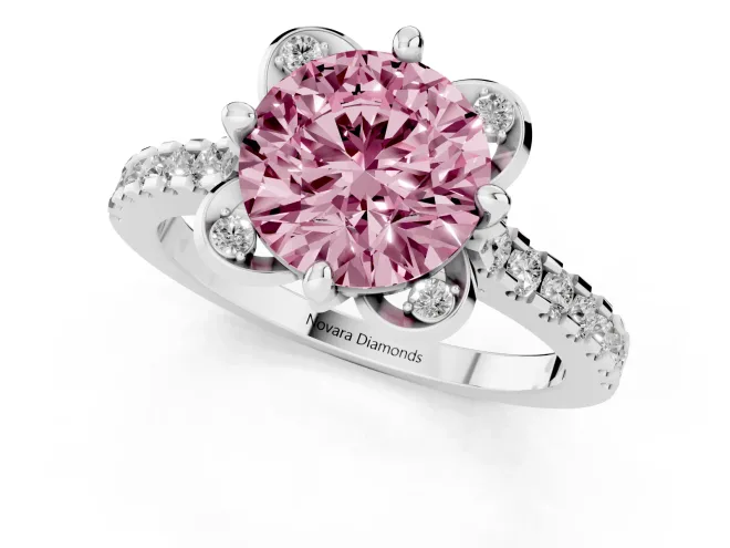 Fancy Pink Round Cut Diamond Solitaire Ring Set in White gold with Pavé Band and Floral Prong Setting – second view