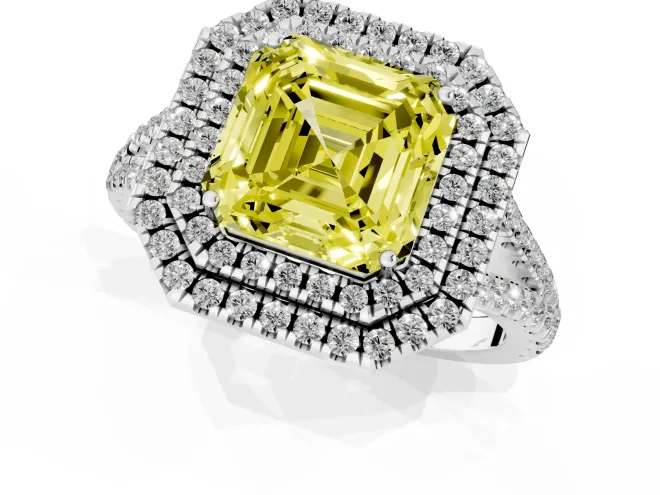 Fancy Yellow Asscher Cut Diamond Double Halo Ring Set in Silver with Pavé Band – second view