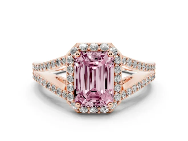 Emerald Cut Split Shank Halo Engagement Ring Setting for a Fancy Pink Lab-Grown Diamond | Rose Gold