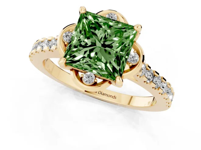 Fancy Green Princess Cut Diamond Solitaire Ring Set in Yellow gold with Pavé Band and Floral Prong Setting – second view