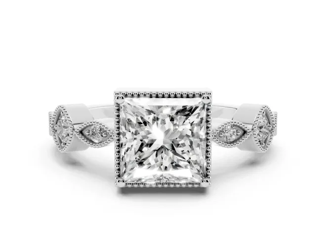 Princess Cut Vintage Milgrain Engagement Ring Setting | Marquise and Square Stations | White Gold
