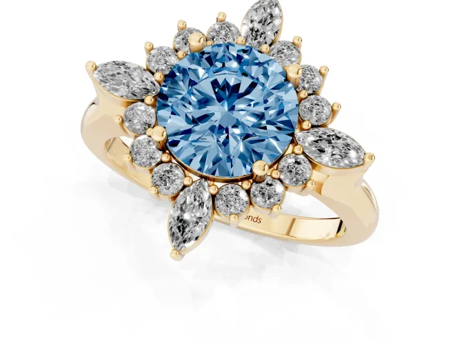 Fancy Blue Round Cut Diamond Cluster Halo Ring Set in Yellow gold with Marquise and Round Accents – second view