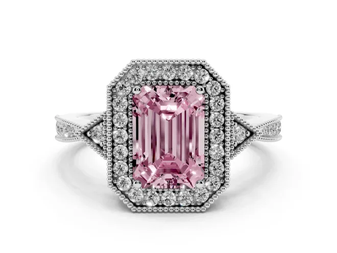 Emerald Cut Milgrain Halo Engagement Ring Setting for a Fancy Pink Lab-Grown Diamond | Graduated Pavé | White Gold