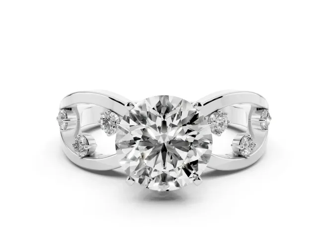 Round Cut Diamond Solitaire Ring Set in Silver with Side Stones on Criss-Cross Band and Prong Setting