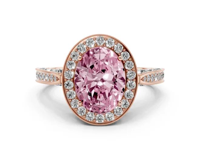 Fancy Pink Oval Cut Diamond Halo Engagement Ring Set in Rose gold with Accent Split Shank Band