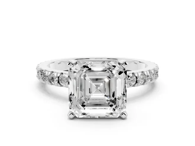 Asscher Cut Diamond Pavé Band Solitaire Set in Silver with Prong Setting
