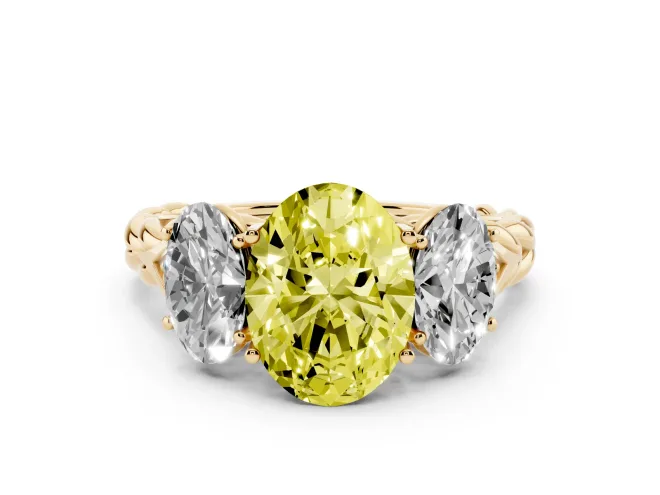 Oval Three Stone Engagement Ring Setting for a Fancy Yellow Lab-Grown Diamond | Braided Band | Yellow Gold