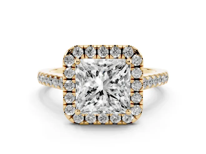 Princess Cut Diamond Halo Pavé Engagement Ring Set in Yellow gold with Prong Setting