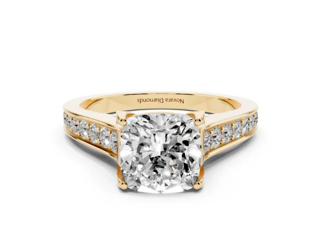 Cushion Cut Graduated Pavé Solitaire Engagement Ring Setting | Wide Pavé Row Band | Yellow Gold