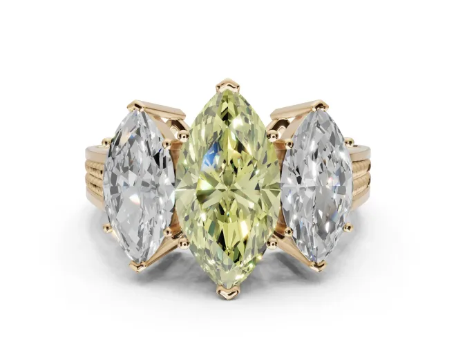 Marquise Three Stone Engagement Ring Setting for a Fancy Yellow Lab-Grown Diamond | Beaded Shoulders | Yellow Gold