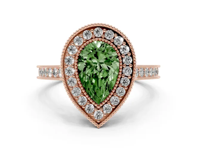 Pear-Shaped Vintage Milgrain Halo Engagement Ring Setting for a Fancy Green Lab-Grown Diamond | Bezel Head | Rose Gold