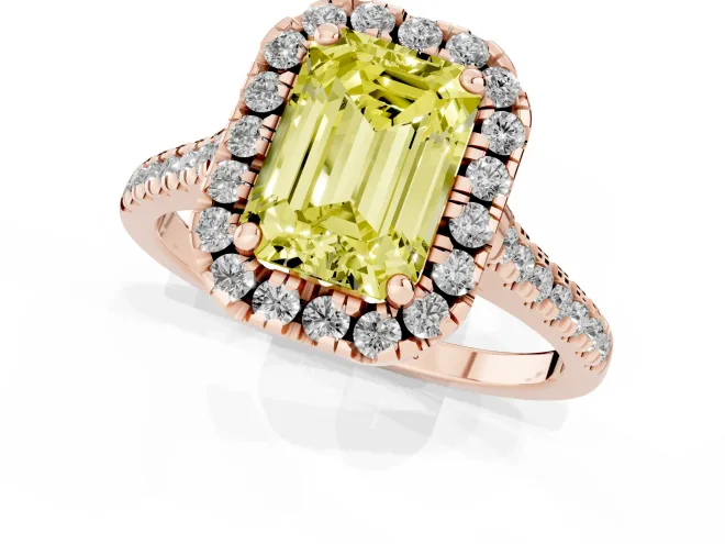 Emerald Cut Halo Engagement Ring Setting for a Fancy Yellow Lab-Grown Diamond | Tapered Band | Rose Gold – second view