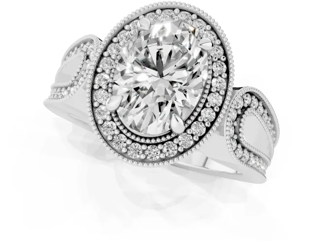 Oval Cut Diamond Halo Ring Set in Silver with Milgrain Accent Split Shank – second view