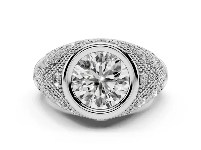 Round Cut Diamond Bezel Ring Set in White gold with Milgrain Accent Band