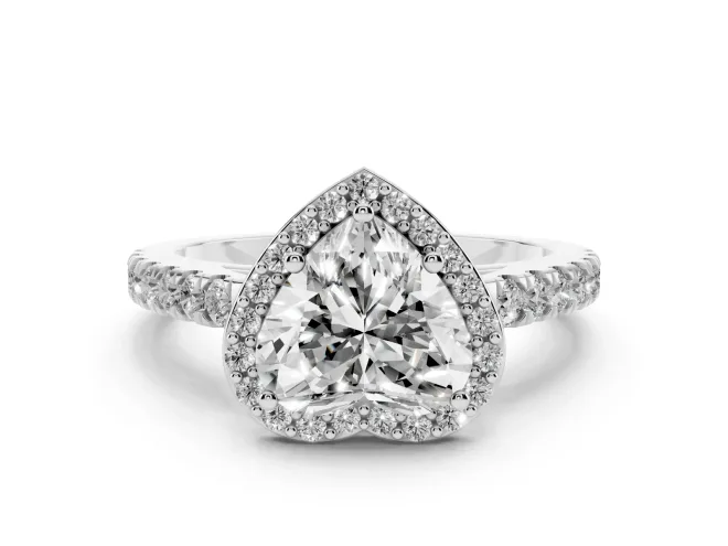 Heart Cut Diamond Halo Engagement Ring Set in White gold with Pavé Band and Prong Setting