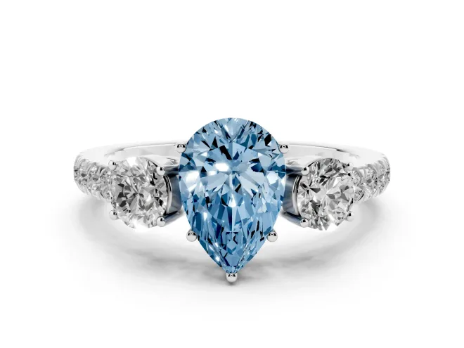 Fancy Blue Pear Cut Diamond Three-Stone Ring Set in Platinum with Round Side Stones and Delicate Pavé Band