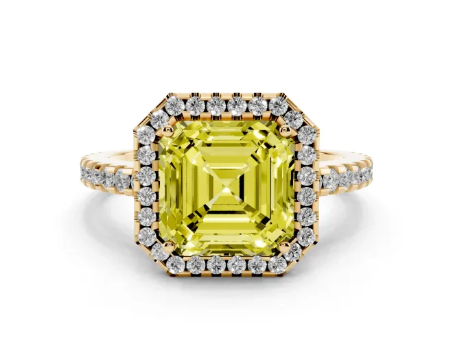 Fancy Yellow Asscher Cut Diamond Halo Ring Set in Yellow gold with Pavé Shoulders and Halo-Framed Center