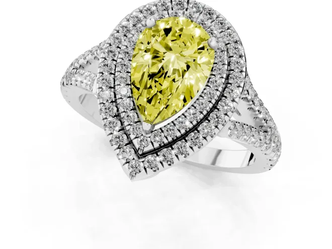 Fancy Yellow Pear Cut Diamond Double Halo Ring Set in Platinum with Pavé Band – second view