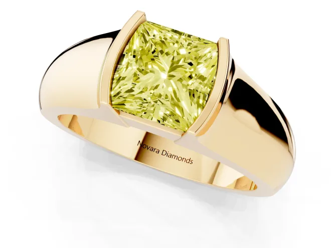 Fancy Yellow Princess Cut Diamond Bezel Solitaire Ring Set in Yellow gold with Wide Band – second view
