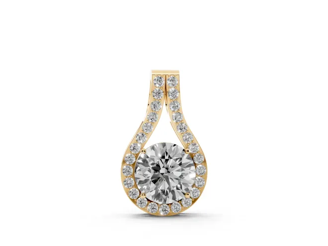 Round Lab-Grown Diamond Teardrop Halo Pendant Necklace | Split Pavé Bail | Yellow Gold