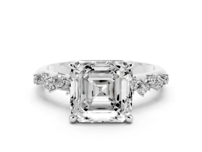 Asscher Cut Diamond Solitaire Vine Band Ring Set in White gold with Round Accents and Prong Setting