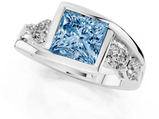 Fancy Blue Princess Cut Diamond Bezel Bypass Ring Set in Platinum with Round Accents – second view