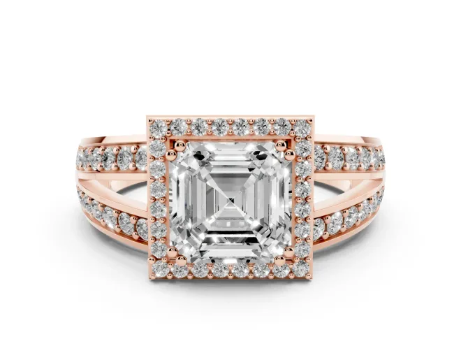 Asscher Cut Halo Engagement Ring Setting | Two-Row Pavé Split Shank | Rose Gold