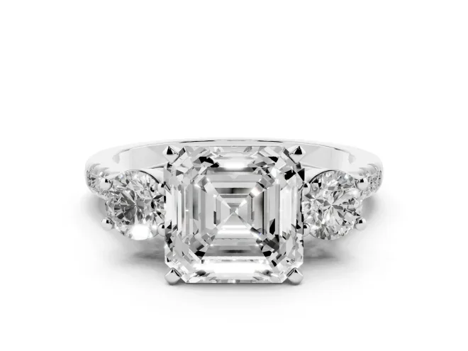 Asscher Cut Three-Stone Pavé Engagement Ring Setting | Round Side Stones | White Gold
