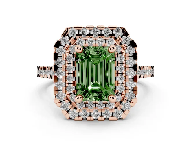Fancy Green Emerald Cut Diamond Double Halo Statement Ring Set in Rose gold with Pavé Band