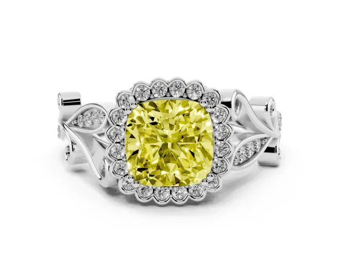Fancy Yellow Cushion Cut Diamond Halo Ring Set in White gold with Leaf Motif Split Shank and Prong Setting