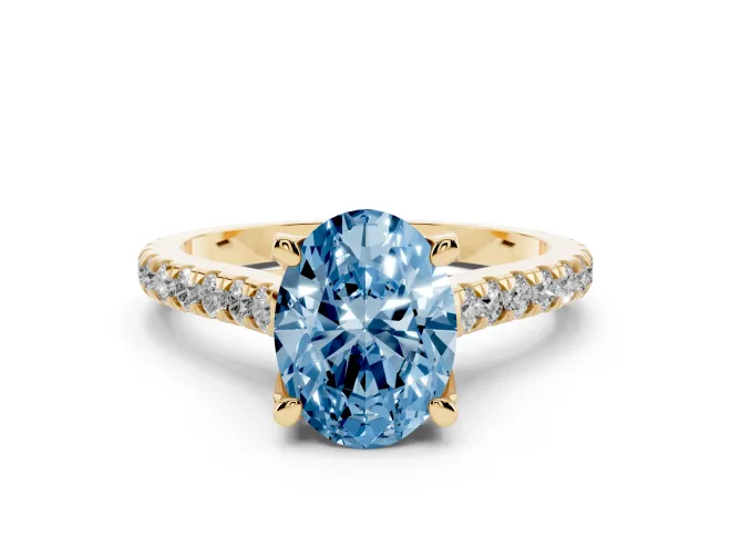 Oval Hidden Halo Pavé Engagement Ring Setting for a Fancy Blue Lab-Grown Diamond | Claw Prongs | Yellow Gold