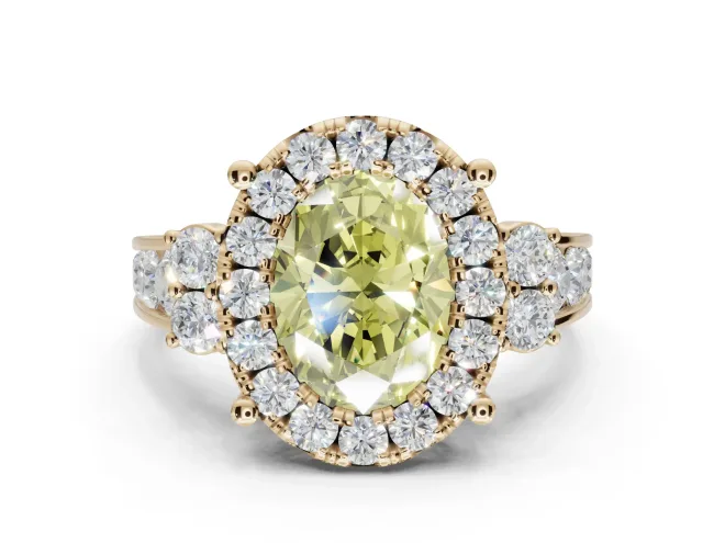 Oval Halo Engagement Ring Setting for a Fancy Yellow Lab-Grown Diamond | Side Clusters | Yellow Gold