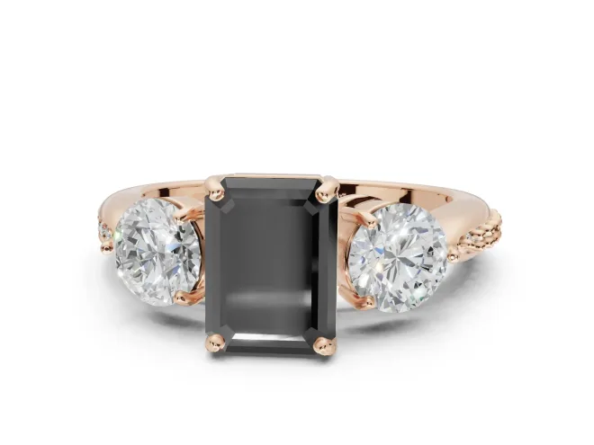 Emerald Cut Three Stone Engagement Ring Setting for a Black Center | Tapered Pavé Band | Rose Gold