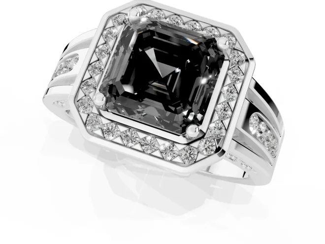 Fancy Black Asscher Cut Diamond Halo Ring Set in White gold with Pavé and Bezel Accent Split Shank – second view