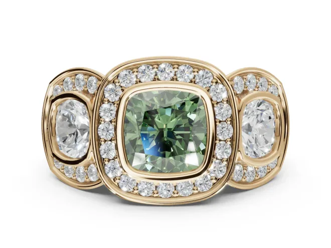 Cushion Cut Three Stone Halo Engagement Ring Setting for a Fancy Green Lab-Grown Diamond | Bezel Set | Yellow Gold