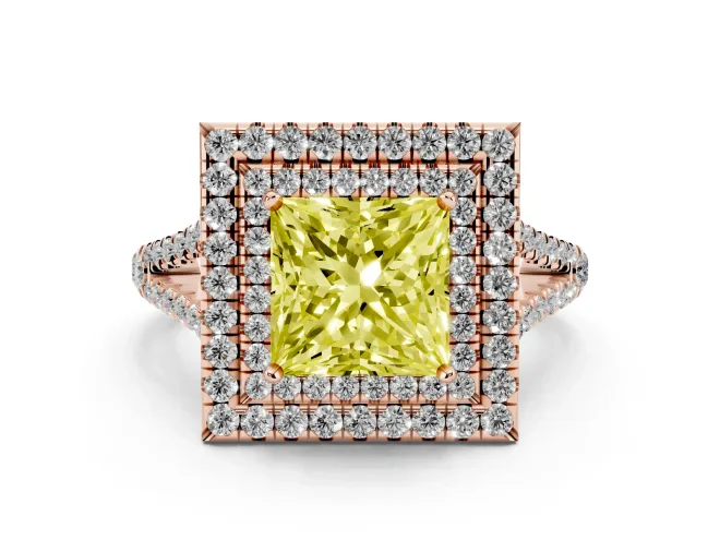 Fancy Yellow Princess Cut Diamond Double Halo Ring Set in Rose gold with Pavé Band