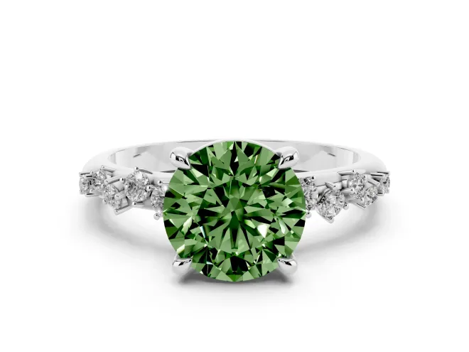 Fancy Green Round Cut Diamond Solitaire Vine Band Ring Set in Silver with Round Accents and Prong Setting
